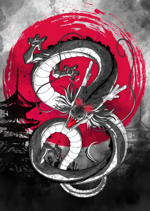 Shenron Dragon, Japanese culture, Red moon, Digital Art