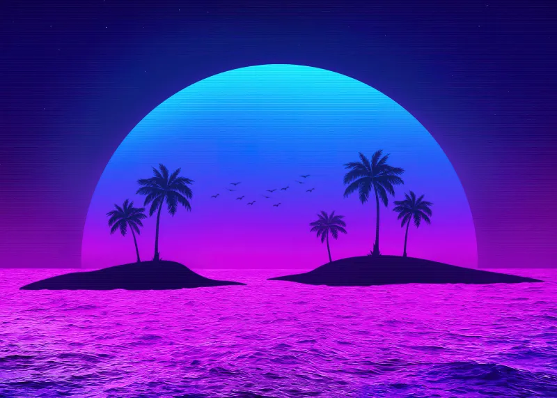 Tropical Islands, Palm trees, Sunset, Neon, Pink aesthetic, Ethereal