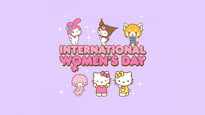Women's Day, My Melody, Hello Kitty, Kuromi, Purple background, 5K
