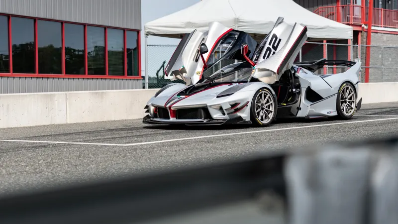 Ferrari FXX-K Evo, White hypercar, Doors up, Race track paddock, 8K wallpaper