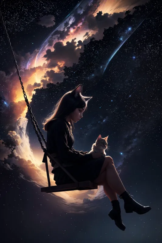 Cute Girl, Kitten, Dream, Surreal, Night sky