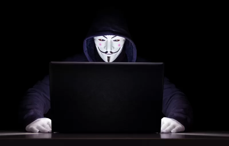 Anonymous, Hacker, Laptop, Black background, 5K
