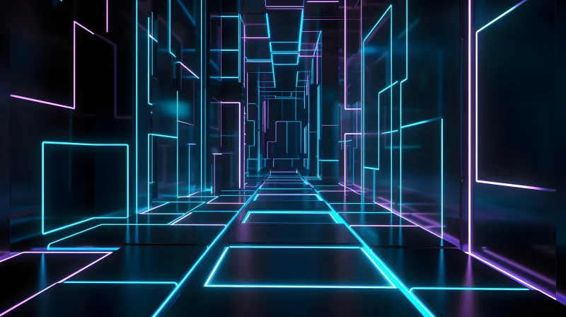 Cyan neon hallway wallpaper, Futuristic grid, Glowing lines