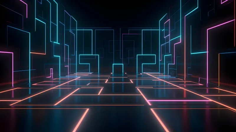 Neon maze hallway wallpaper, Cyan and peach lights, Futuristic