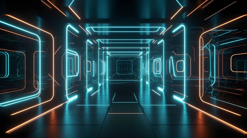 Neon tunnel, Cyan and orange lights, Reflective floor, 5K wallpaper
