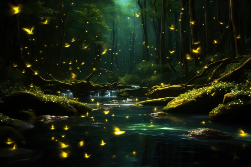 Fireflies, Forest, 8K, Aesthetic, River, Night, Mystic, 5K