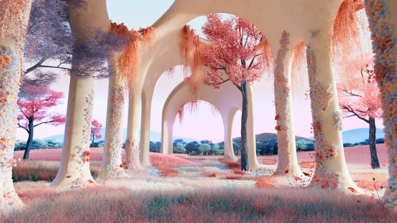 Surreal archway wallpaper, Peach trees, Dreamy meadow