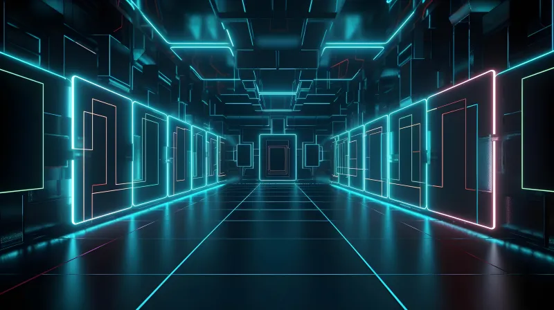 Teal neon corridor, Glowing frames, Digital art, 5K wallpaper