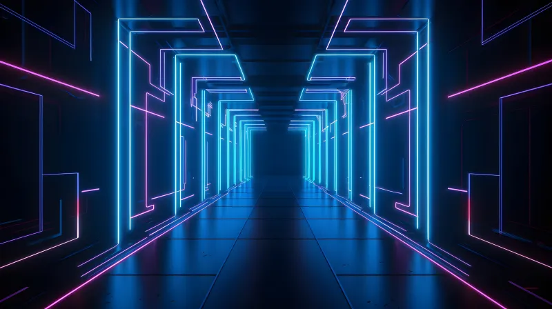 Blue neon hallway wallpaper, Pink accents, Sci-fi tunnel