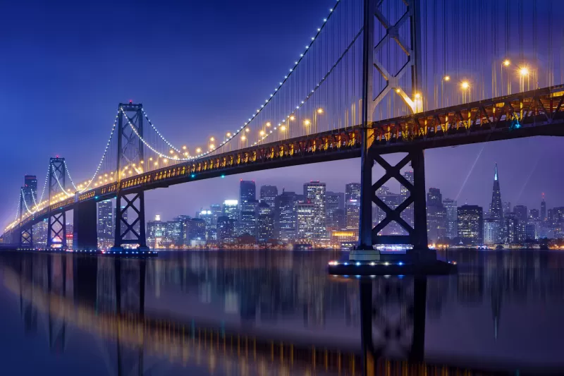 Bay Bridge, San Francisco-Oakland Bay Bridge, Night, City lights, Urban, 5K