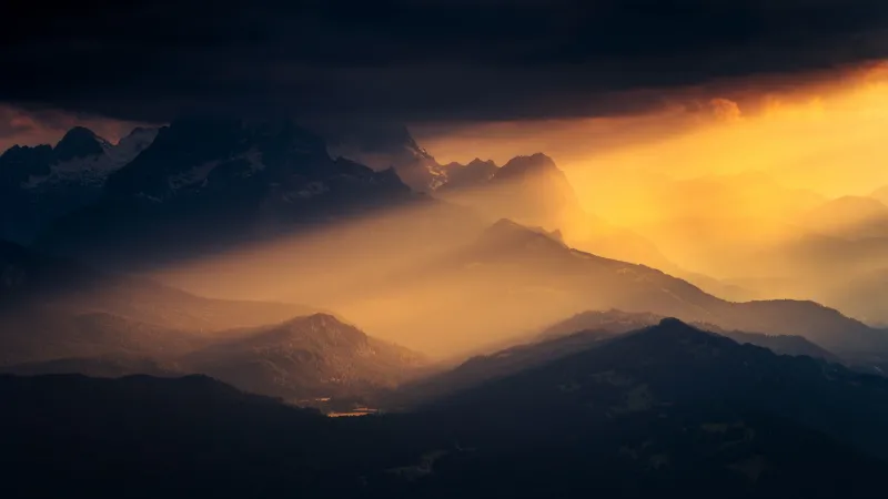 Bavarian Alps wallpaper, Golden light, Misty peaks