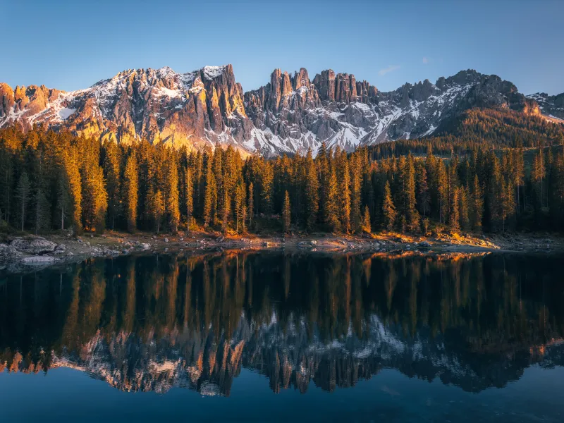 Dolomites, Karersee Lake, Lago di Carezza, Alpine lake, Peaceful, Italy, 5K, 8K background