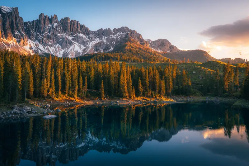 Karersee Lake, Serene, Lago di Carezza, Alpine lake, Italy, Dolomites, 5K background