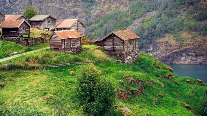 Wooden farmhouses, Fjord, Norway, 4K wallpaper