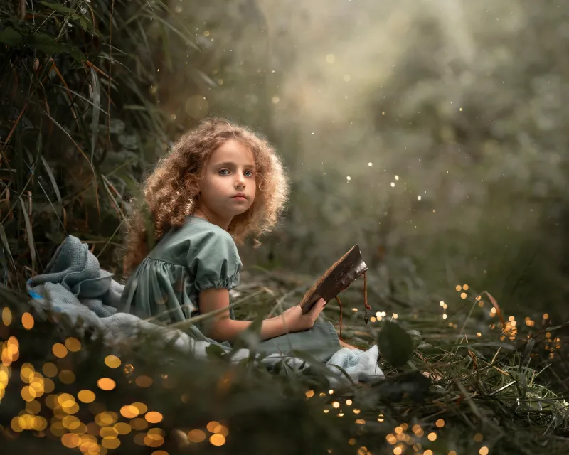 Cute Girl Reading book, Portrait, 5K, Magical forest