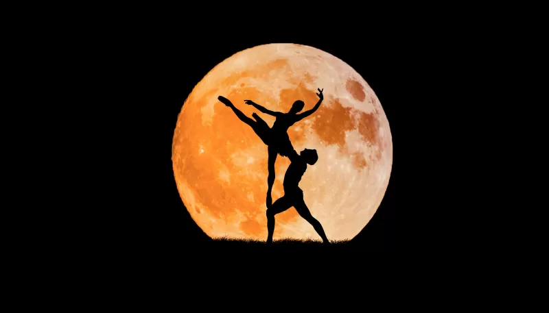 Couple, Ballet dancers, Full moon, Silhouette, Black background, Dancing, 5K, 8K