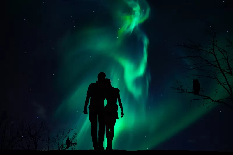 Couple, Aurora Borealis, Night, Romantic, Together, Silhouette, Northern Lights, 5K