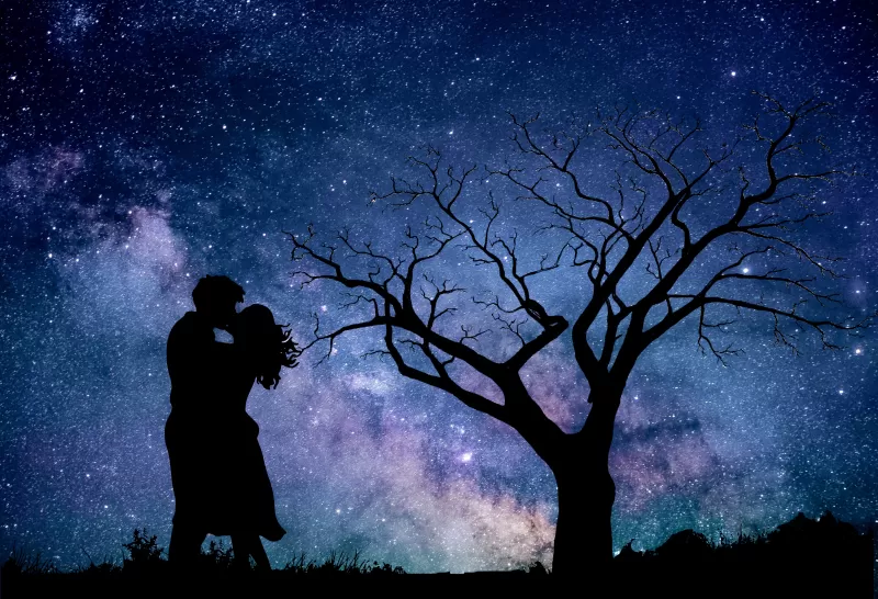 Couple, Night, Romantic kiss, Silhouette, Starry sky, 5K