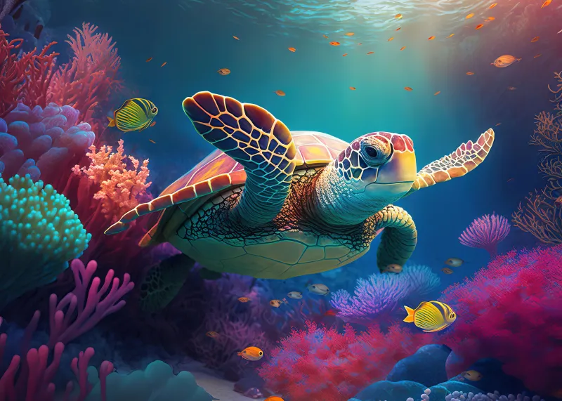 Sea turtle 4K, Colorful wallpaper
