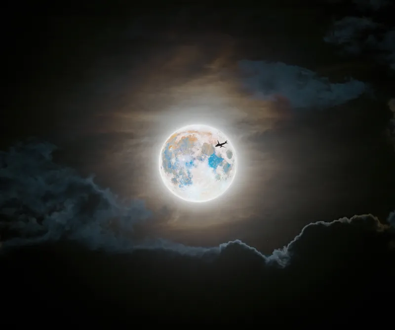 Full moon wallpaper, Plane silhouette, Night clouds