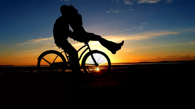 Couple, Sunset, Romantic kiss, Bicycle, Silhouette, Dusk, Evening