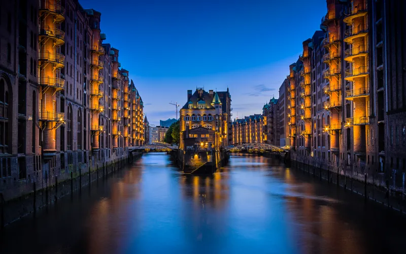 Speicherstadt wallpaper, Hamburg canal, Blue hour