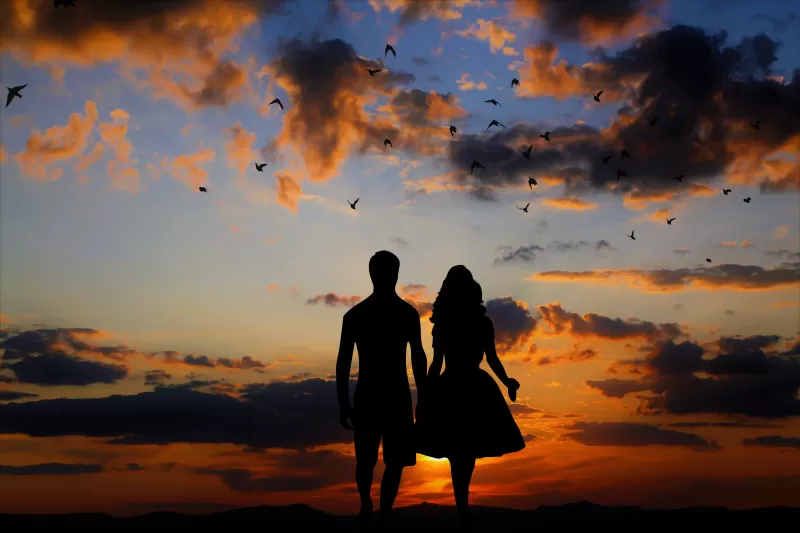 Couple, Silhouette, Sunset, Together, Dawn, Evening, Clouds