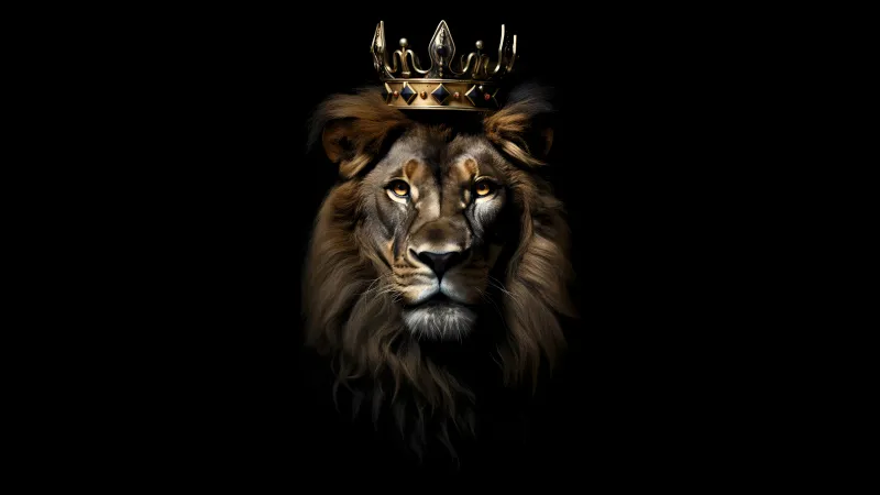 Lion, Crown, Dark aesthetic, AMOLED, Black background, 5K, 8K, CGI