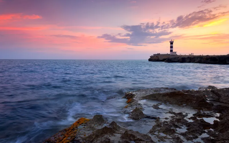 Colonia Sant Jodi, Sunset, Rocky shore, Lighthouse, Mallorca Island, Spain, Ocean