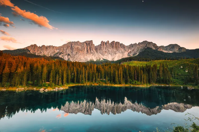 Karersee Lake, Sunset, 5K wallpaper, Dolomites, Lago di Carezza, Alpine lake, Peaceful, Italy