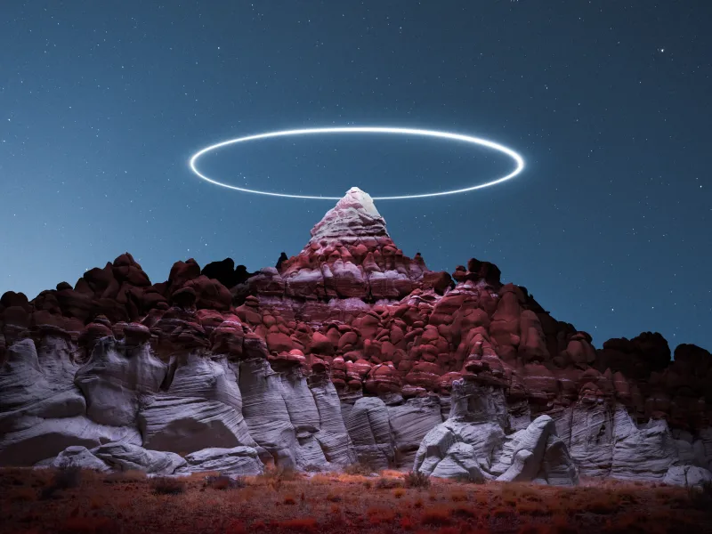 Light ring over rock peak, Starry night, Light painting, 4K wallpaper