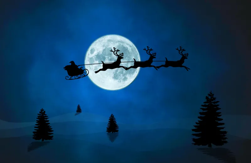 Santa Claus Reindeer Chariot, Silhouette, 4k background