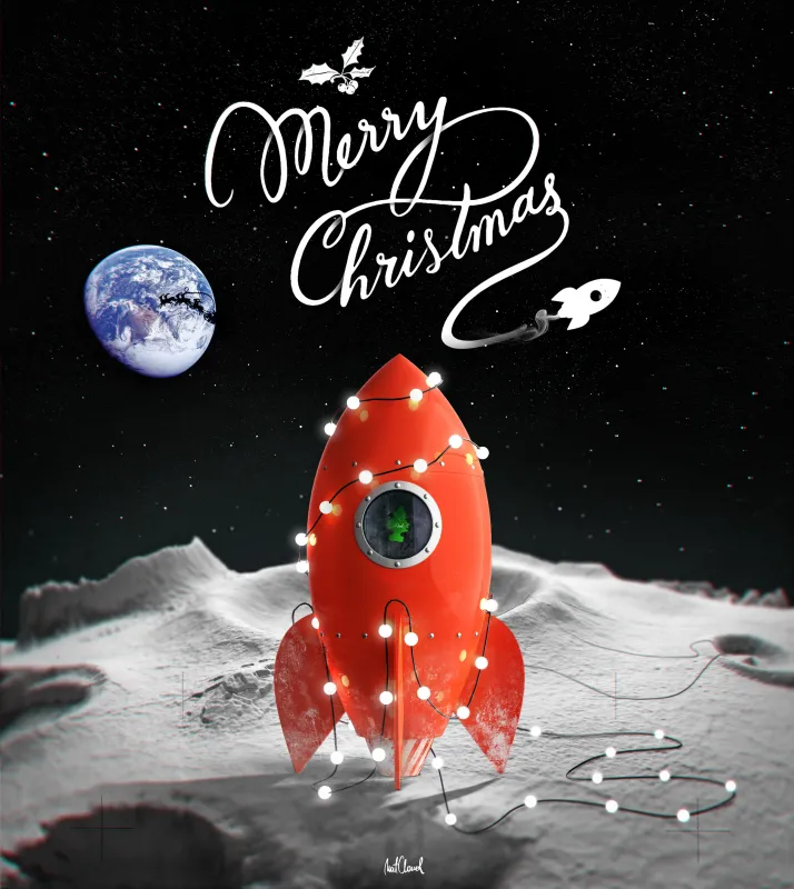 Merry Christmas, Rocket, Space flight, 4K iPad wallpaper