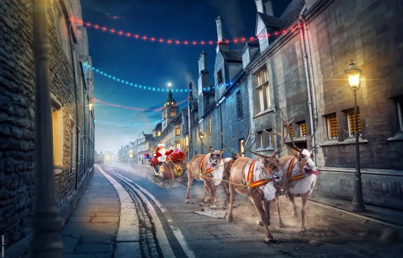 Santa Claus, Reindeer Chariot, 5K background, Christmas Season