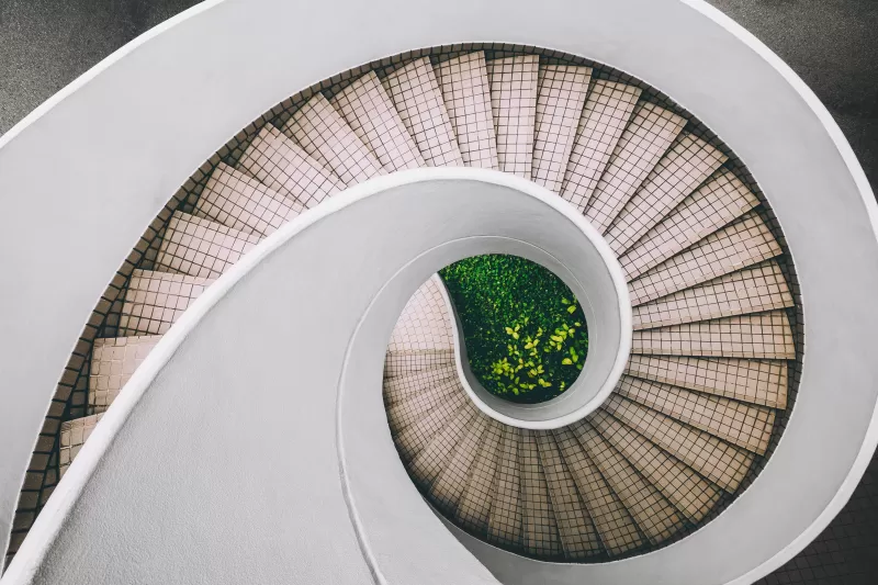 Spiral staircase, Modern architecture, White, Aesthetic, 5K