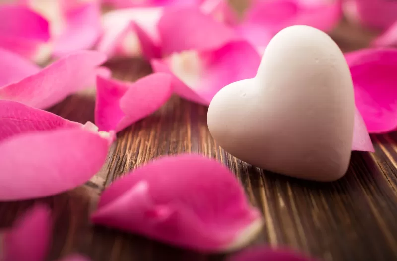 Love heart, White heart, Rose Petals, Wooden background, Closeup, Bokeh, Aesthetic