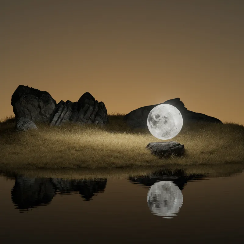 Surreal full moon on grass, Rocks, Reflection, 4K wallpaper