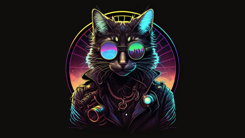 Cat, Midjourney, AI art, Leather jacket, Dark background, Digital Art, Sunglasses