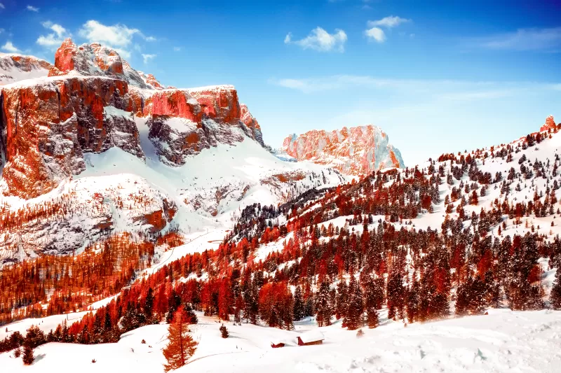 Dolomites, Mountain range, Sunny day, Winter, Snow covered, Mountains, Italy, 5K