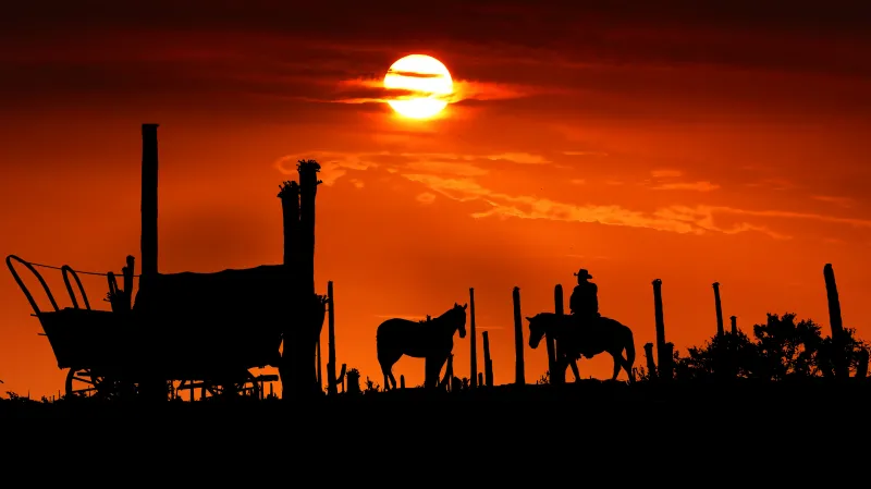 Sunset, Silhouette, Cowboy, Western, 4K