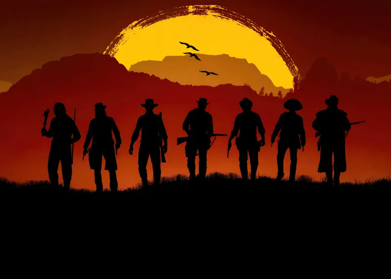 Red Dead Redemption 2, Silhouette, 4k background, Cowboys