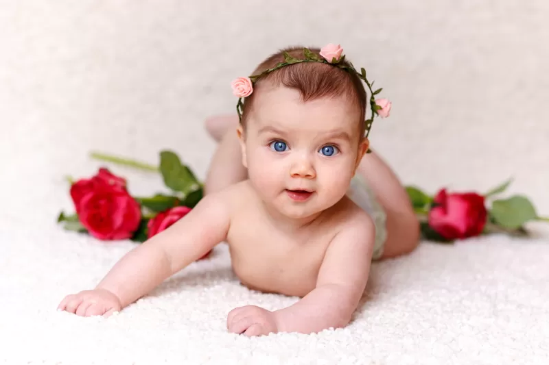 Cute Baby, Rose flowers, Adorable, Blue eyes, Cute baby girl, White, 5K