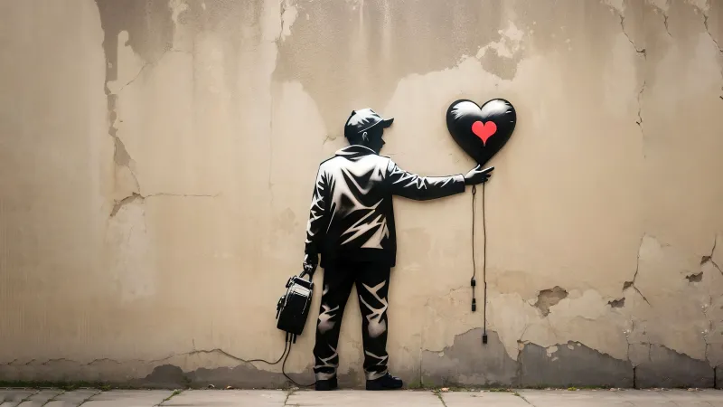 Man holding heart ballon, Graffiti