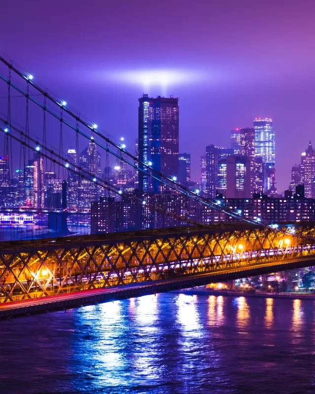 New York City, Night, Cityscape, Purple, City lights, Suspension bridge, Buildings, Aesthetic, USA