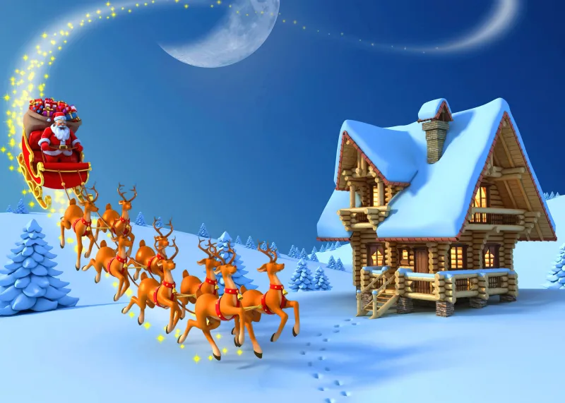 Santa Claus, Reindeer Chariot, Winter house, Snow