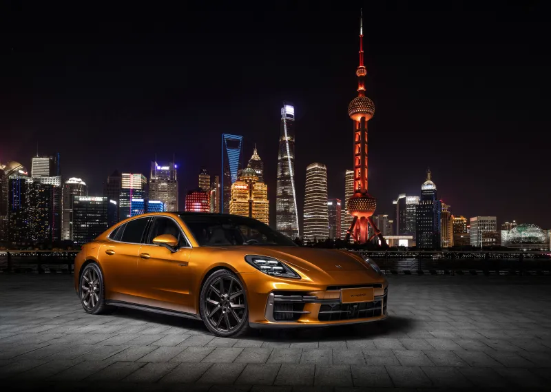 Porsche Panamera Turbo E-Hybrid, Shanghai, China Central TV Tower, Night, Cityscape, 5K, 8K, 2024