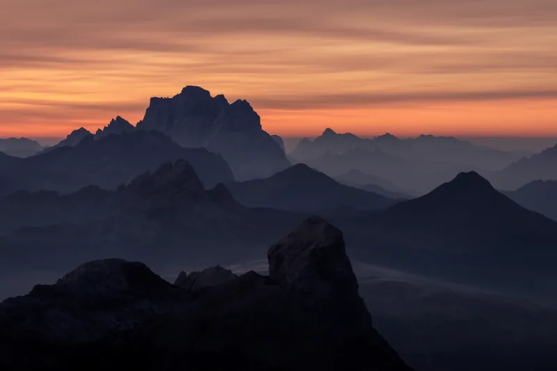 Mountain range, South Tyrol, Italy, Silhouette, Mountains, Peak, Dolomites, Outdoor, 8K wallpaper, Sunset
