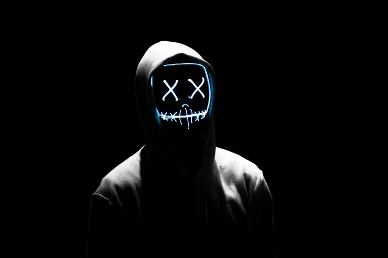 Man, LED mask, Anonymous, Black background, AMOLED, Hoodie, 5K