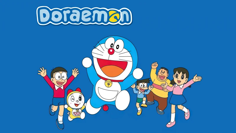 Doraemon, All characters, Blue background, 4K