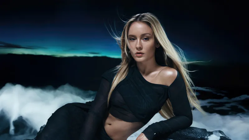 Zara Larsson, Swedish singer, Black outfit, Night sky, 5K wallpaper